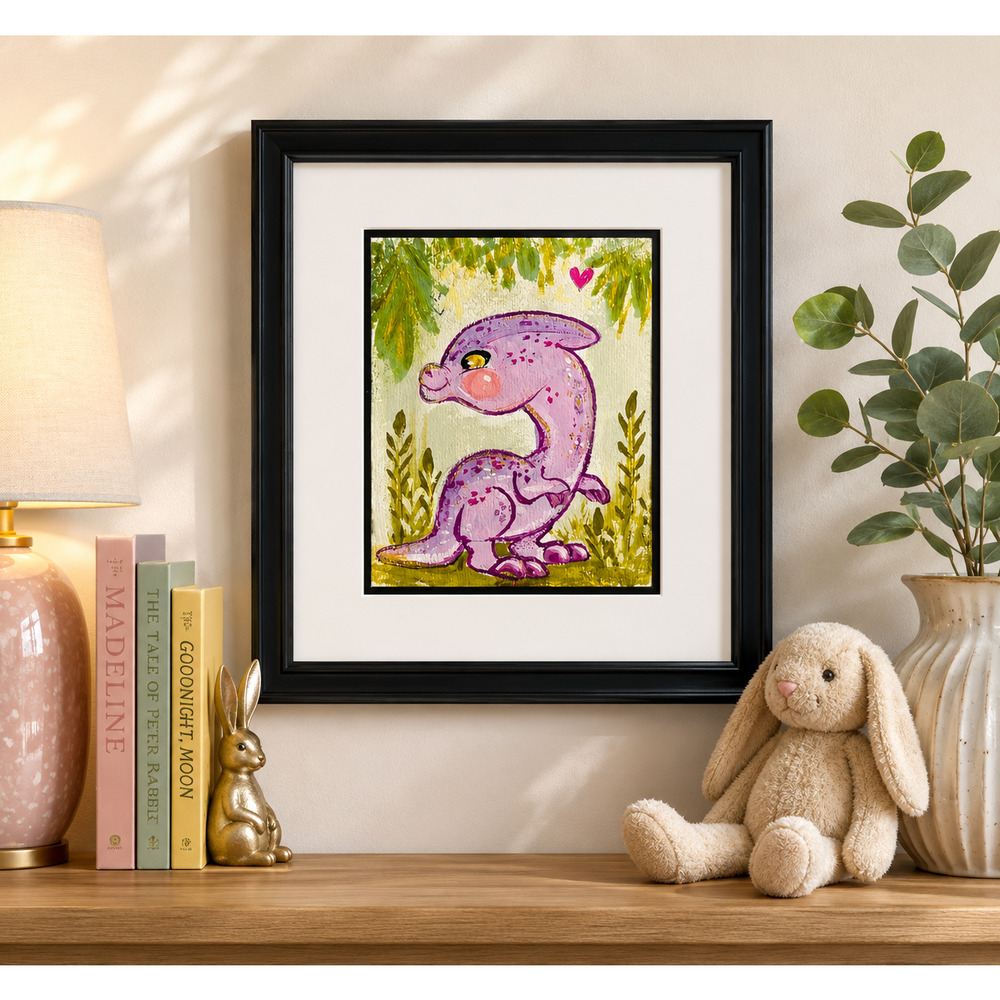 Original Framed Purple Kawaii Dinosaur Painting | Fantasy Kids Room Wall Decor